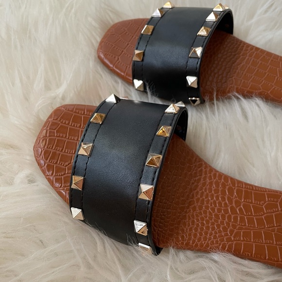 Black Gold Studded Slide Sandals - Picture 7 of 15